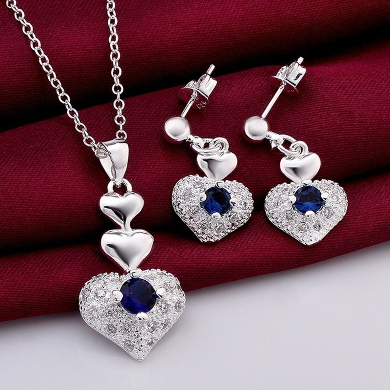 Cute pure 925 silver wedding jewelry romantic blue zircon crystal heart pendant necklace Earrings fashion  set