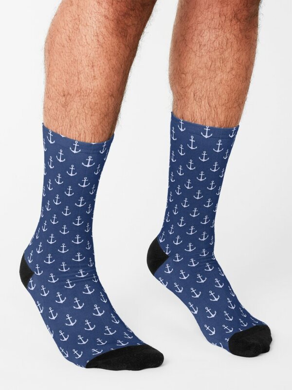 Blue Nautical Anchor Pattern Socks Stockings Non-slip Women's Socks Men's