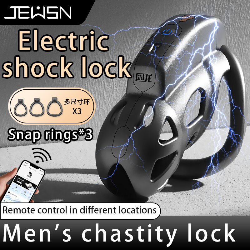 JEUSN-jaula de castidad de choque eléctrico para hombres, juguetes de restricción de acondicionamiento, jaula de pene para hombres Gay con 3 anillos activos