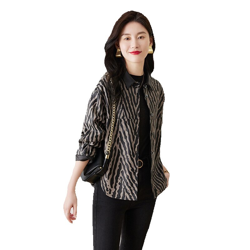 Ji xin-女性用本革ジャケット、ショートプリントシープスキンジャケット、ルーズフィットジャケット