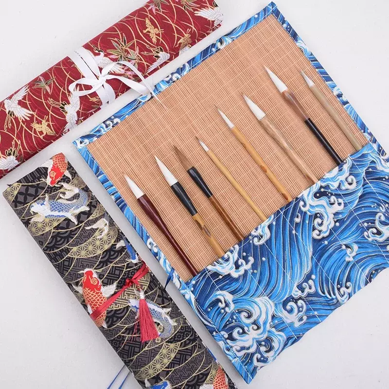 Alat kuas pena perlengkapan sekolah lukisan gulungan pelindung bambu Cina gaya Retro tas bordir kotak seni