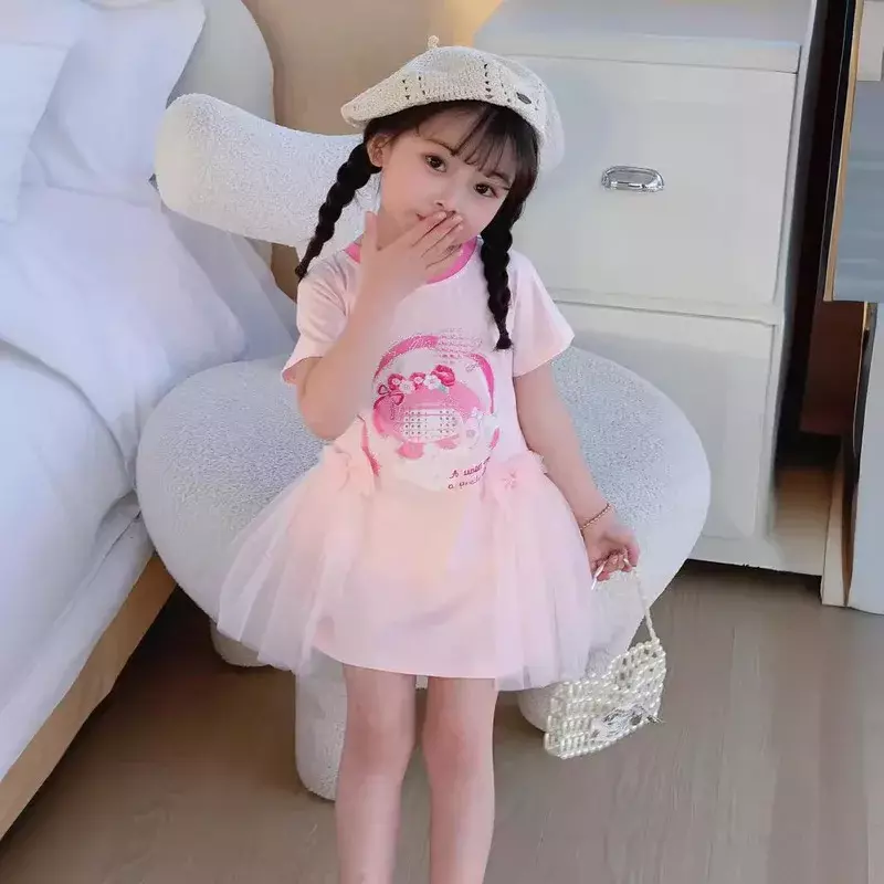 Sanrio Spring And Summer Pure Cotton Girls' Dress Kuromi Mesh Princess Dress Melody Hot Diamond Sparkling Cute Children's Dress