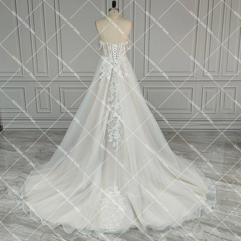 Luxe Shimmer Tulle Off Shoulder Wedding Dress with Embroidered 3D Flowers Sweetheart Puffy Lace Up Custom Made Bridal Gowns