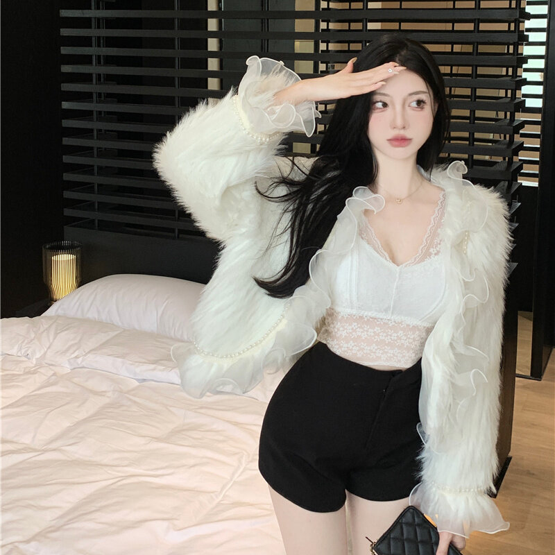 Jaket Ruffle renda putih Korea mantel bulu rubah imitasi musim gugur musim dingin mantel pendek wanita mode mantel bulu manis tren wanita