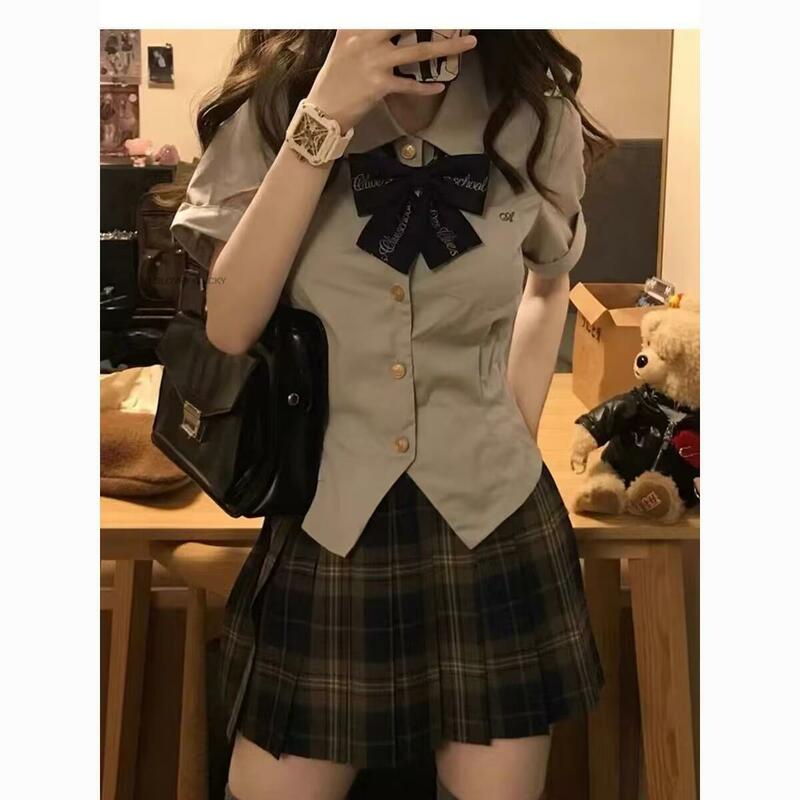 Conjunto saia e camisa de manga curta de uniforme escolar feminino, conjunto JK, estilo universitário, japonês e coreano, outono, moda 2 peças