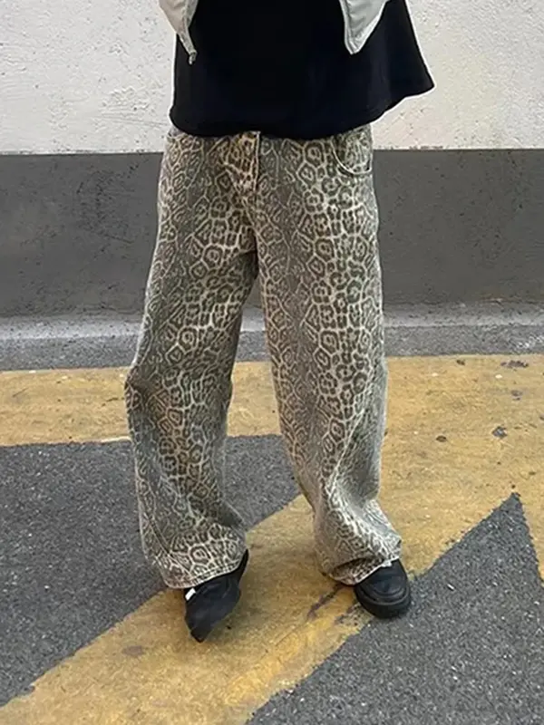 Neue klassische Kontrast farbe einfache y2k weibliche Hose mit weitem Bein hohe Taille schlanke schicke Leoparden muster in voller Länge lässige Damen jeans