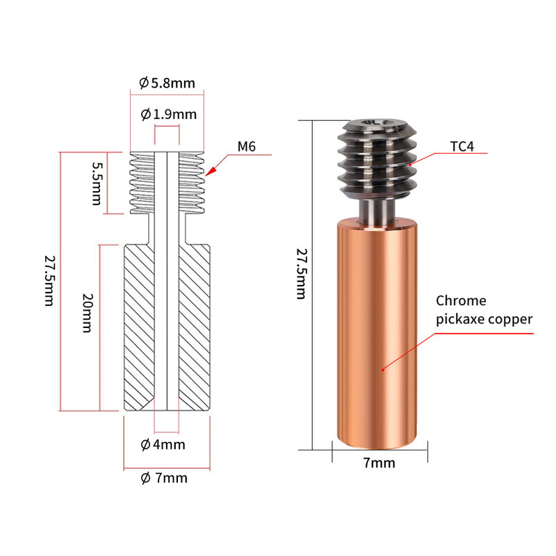 Bimétal CR10 therbreak alliage de titane thermique Break Throat 1.75mm Tube de placage en cuivre pour imprimante 3D Ender 3 CR-10 Hotend