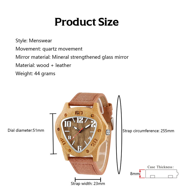 メンズ木製クォーツ腕時計、ブラウン、トライアングルダイヤルストラップ、ファッションブレスレット