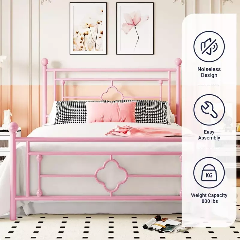 레트로 헤드보드 및 테일보드가 있는 어린이 침대, 용수철 없음, 무소음, 조립하기 쉬움, 핑크 어린이 침대