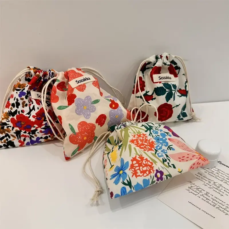 TOUB030 tessuto di cotone floreale piccole borse con coulisse rossetto articoli da toeletta trucco organizzatore portamonete chiavi della borsa