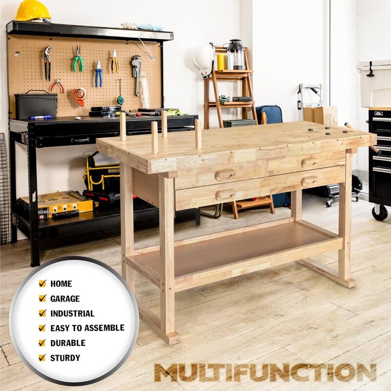 Olympia Tools 60-Inch Wooden Workbench - Rubberwood Workbench with 4-Drawer, 450lbs Weight Capacity - Perfect