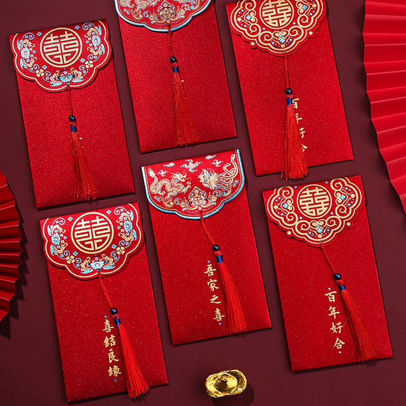 タッセル付きの伝統的な中国の赤い封筒、ラッキーなお金のパケット、補足、ウェディングギフト、hongbao、ウェディングギフト、10個