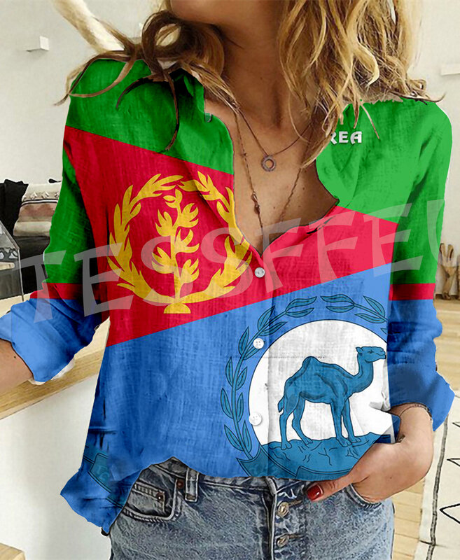Africa County Eritrea Flag Lion Tattoo Retro Vintage Streetwear 3DPrint Harajuku Women Casual Button-Down Shirts Long Sleeves X3
