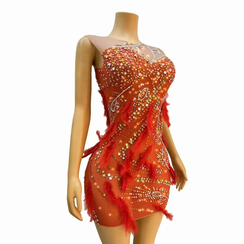 드레스 깃털 슬림 핏 섹시 공연 의상, 크리스탈 라인스톤 블린 나이트 클럽 바 파티 바 댄스 여성 의상