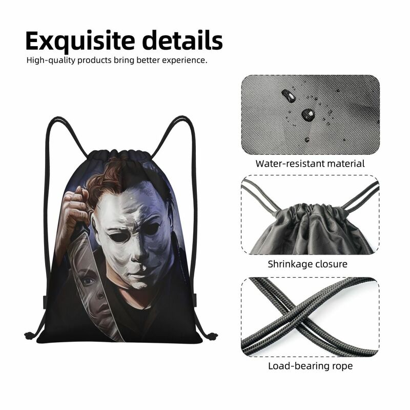 Michael Myers sacos de cordão para homens e mulheres, mochila de Halloween Horror Movie, dobrável, ginásio, esportes, treinamento, armazenamento, mochilas