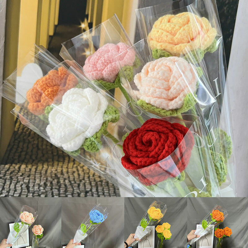 DIY Knitting Bouquet Rose Flower Bouquet Sunflower Hand-Knitted Fake Flowers Knit Flower Home Table Crochet Floral Bouquets