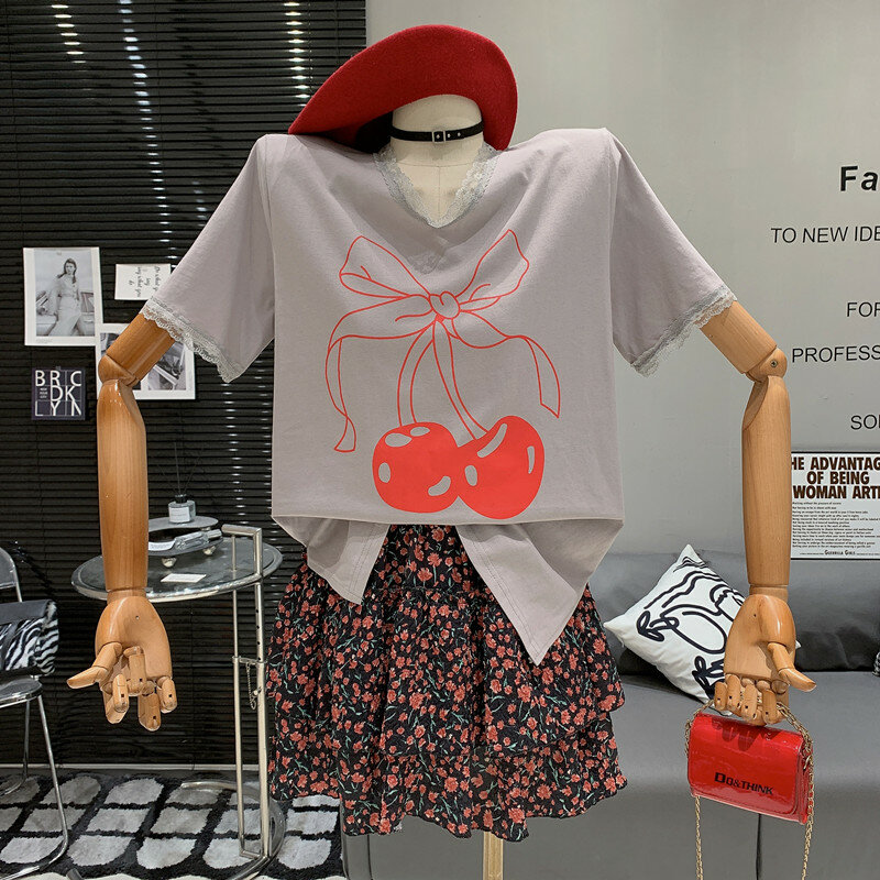 Loszittende Kanten Rand Patchwork Veelzijdig T-Shirt Met Elastische Taille Met Bloemen A-Lijn Rok Tweedelige Set Femininos Elegantes