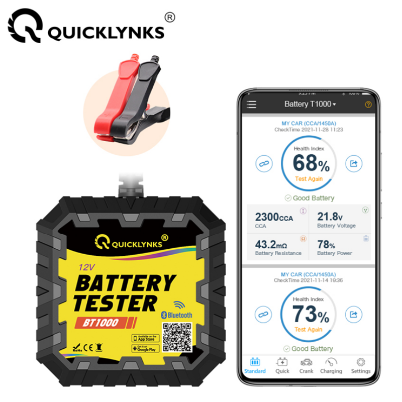 QUICKLYNKS – testeur de batterie de voiture, moto et camion, Bluetooth 4.0, BT1000, 12V, résistance à la charge, outil 2000 CCA