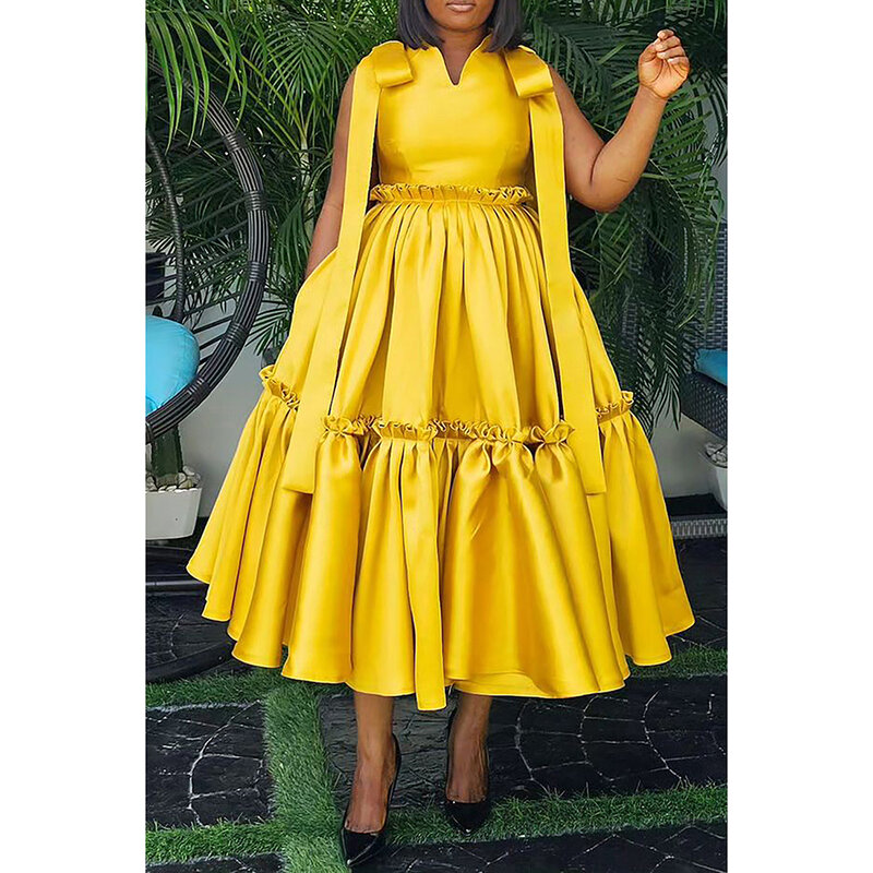 Plus Size Cocktail Party Dress Yellow Sleeveless Ruffles Satin Midi Dress