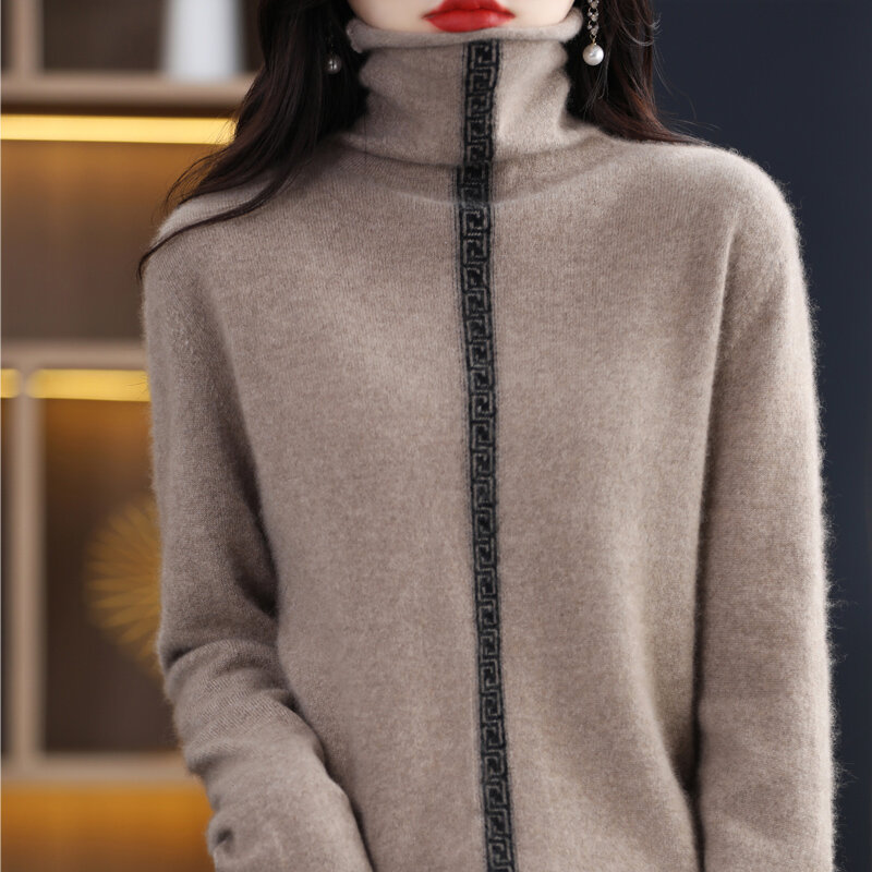 2022 New Autumn Winter Women's Sweater Pullover High Neck Versatile Long Sleeve Loose 100% Pure Wool Knitwear Korean Fashion Top