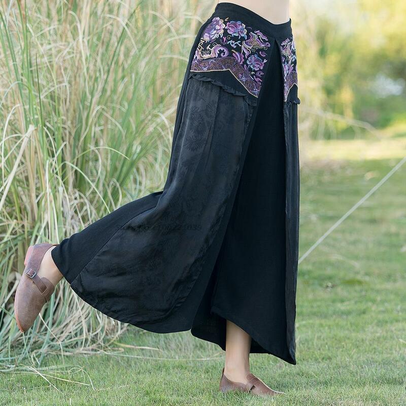 2024 chińskie tradycyjne harajuku vintage kwiat haftowane spodnie kobiety spodnie z szerokimi nogawkami elastyczne spodnie prosta spódnica w pasie
