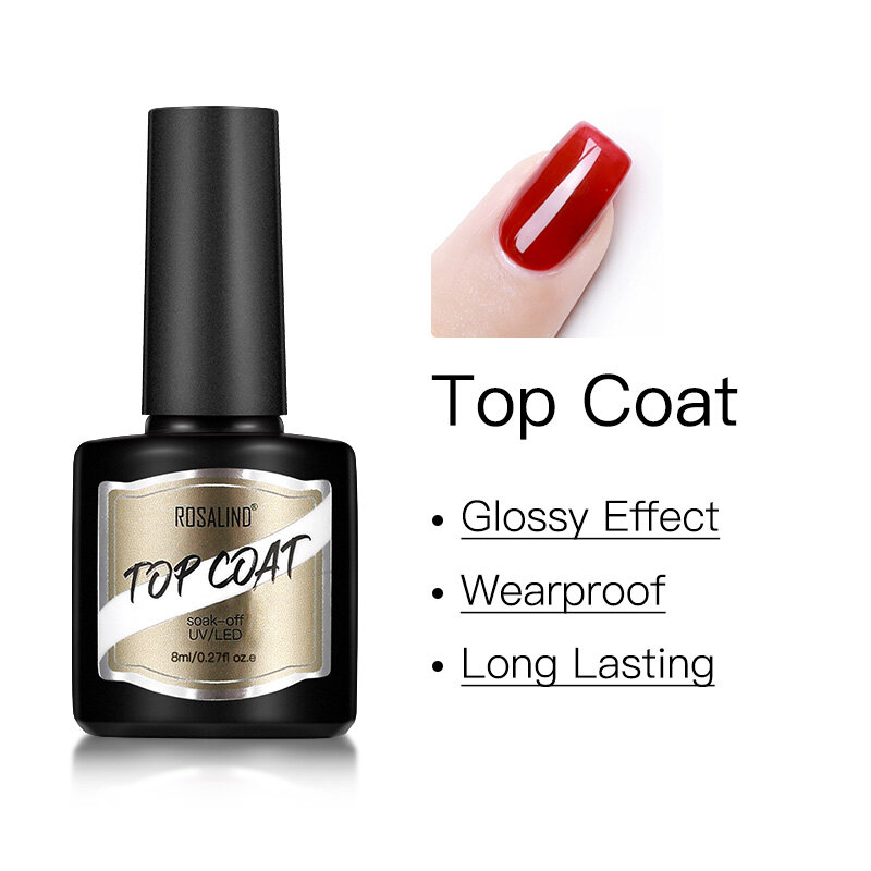 Rosalind 8ml top coat gel polonês brilhante embeber off para manicure unhas arte decorações verniz top coat gel uv