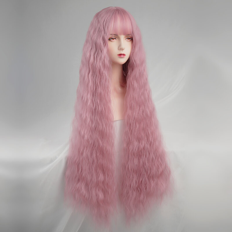 1 peluca rosa de flor rizada Súper Larga, ondulación de agua Lolita femenina de cabeza completa Cos