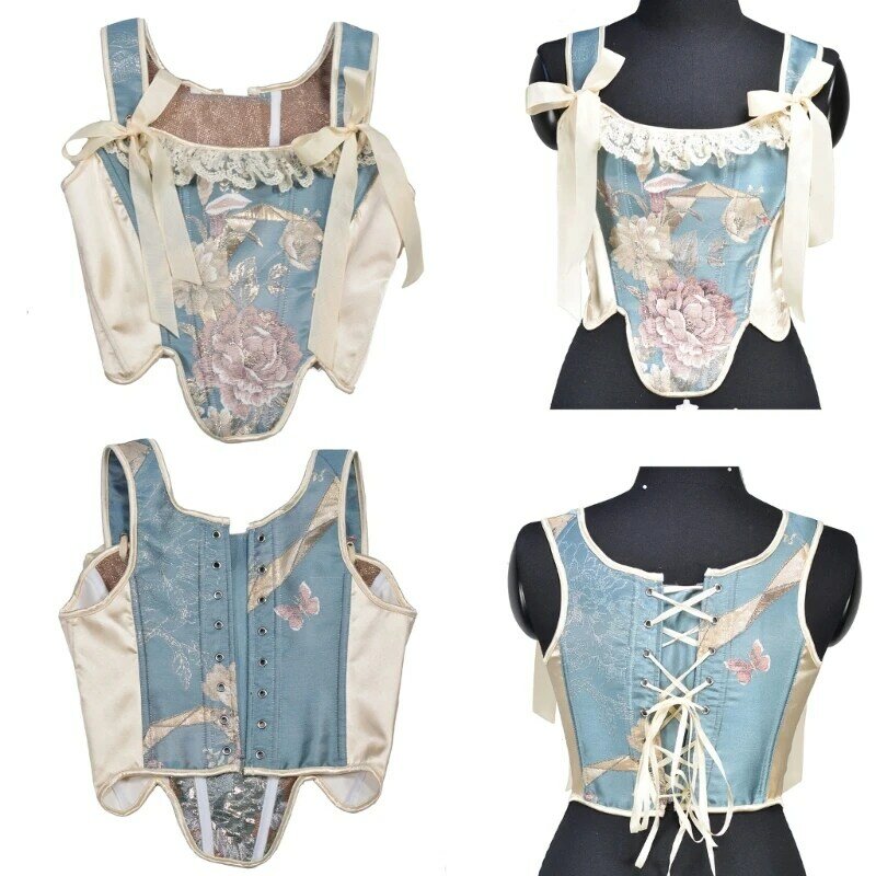French Print Corset for Women Lace-Up Tied Waspie Sexy Corset Vest Girl Underbust Corset Waist Shaping Girdle Costume