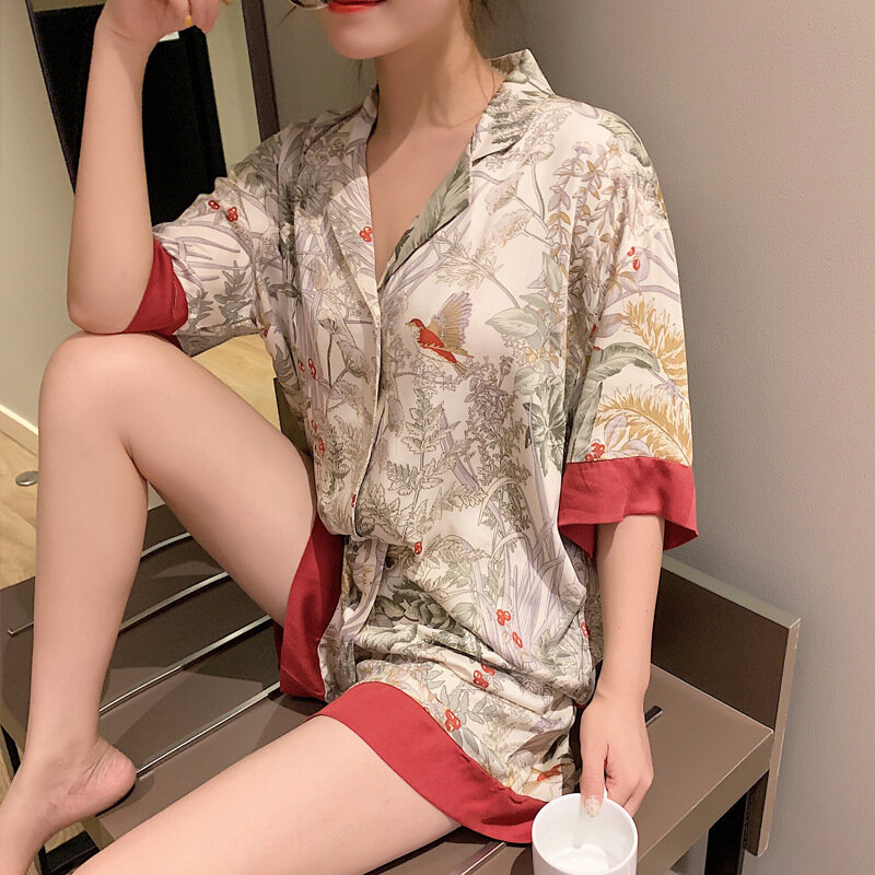 Пижама женская летняя с коротким рукавом, шелковая модная Роскошная Пижама с отложным воротником, пижама с цветочным принтом птиц