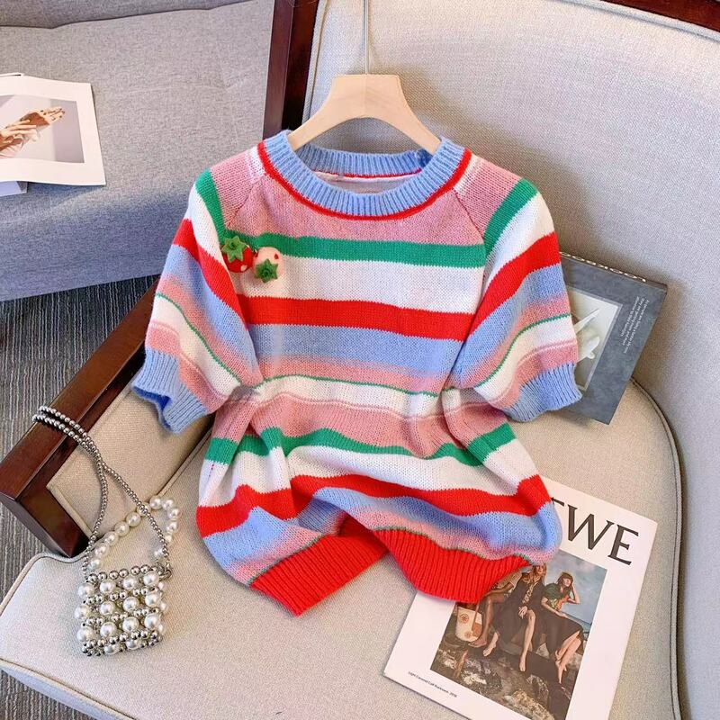 Полосатый вязаный свитер, футболка, женский летний стильный модный шикарный женский пуловер с коротким рукавом, женская одежда 2023