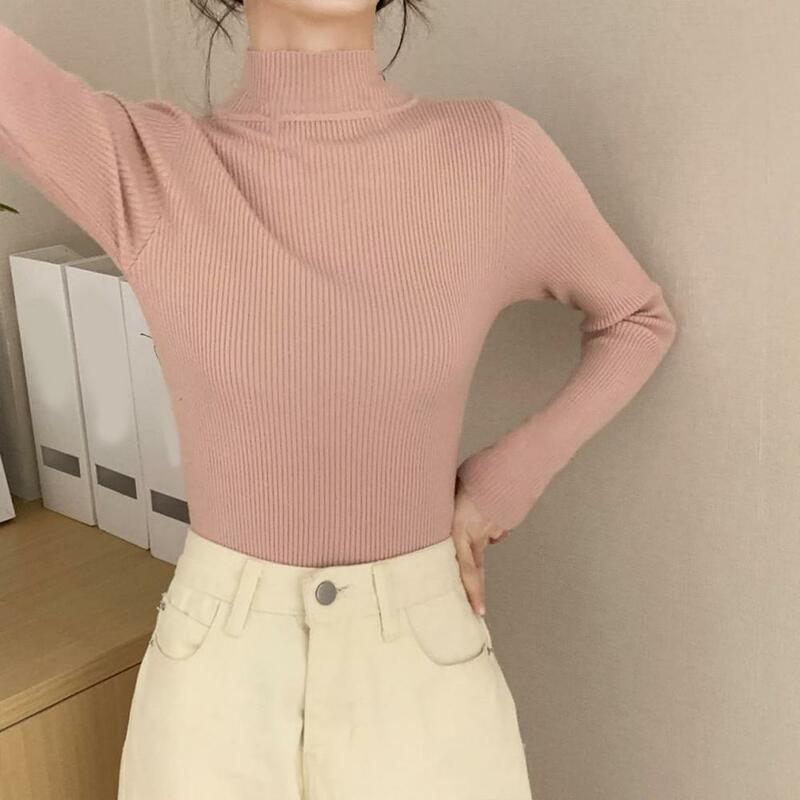 Women Sweater Solid Color Half High Collar Slim Fit Pullover Spring Autumn Stretch Knitted Bottoming Shirt Streetwear