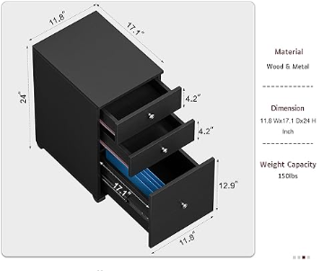 Armário de madeira vertical para arquivo a4/Legal/carta, suporte de impressora portátil, cor preta