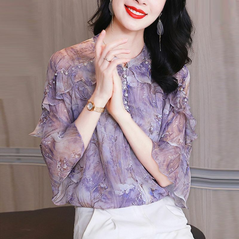 2023 Women's Clothing Loose Temperament Elegant Summer Thin Casual Korean Fashion Printing Buttons O-neck Short Sleeve Blouses