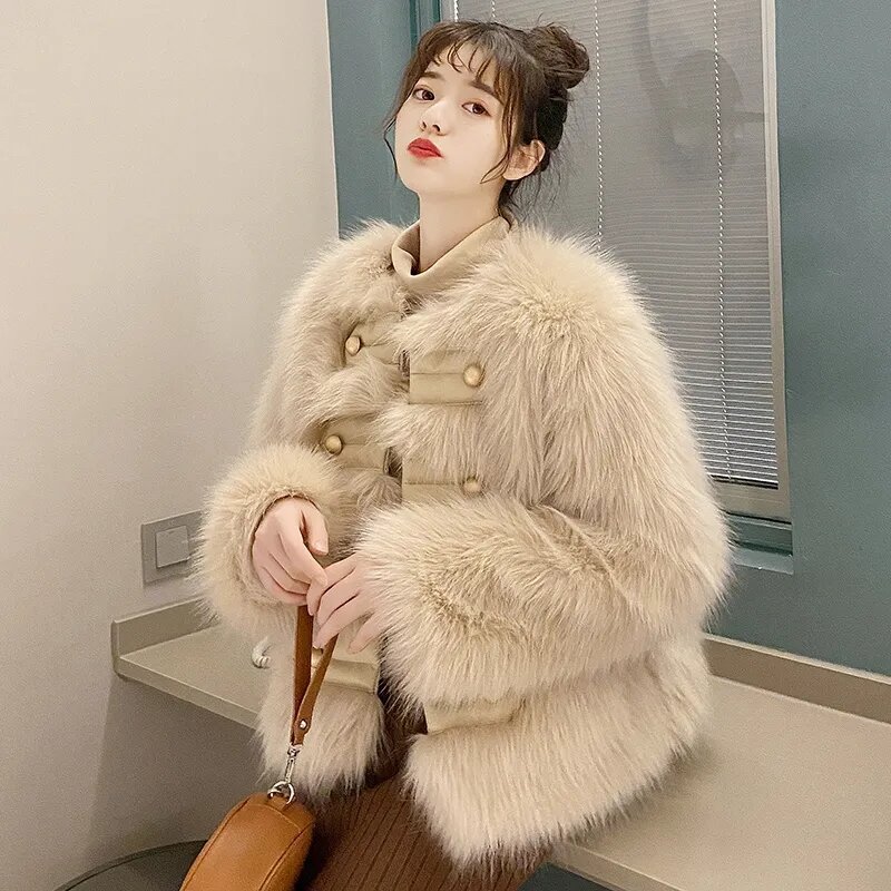 Mantel bulu musim dingin wanita Korea kancing dua baris imitasi bulu rubah mantel 2023 baru tebal desain mewah jaket bulu