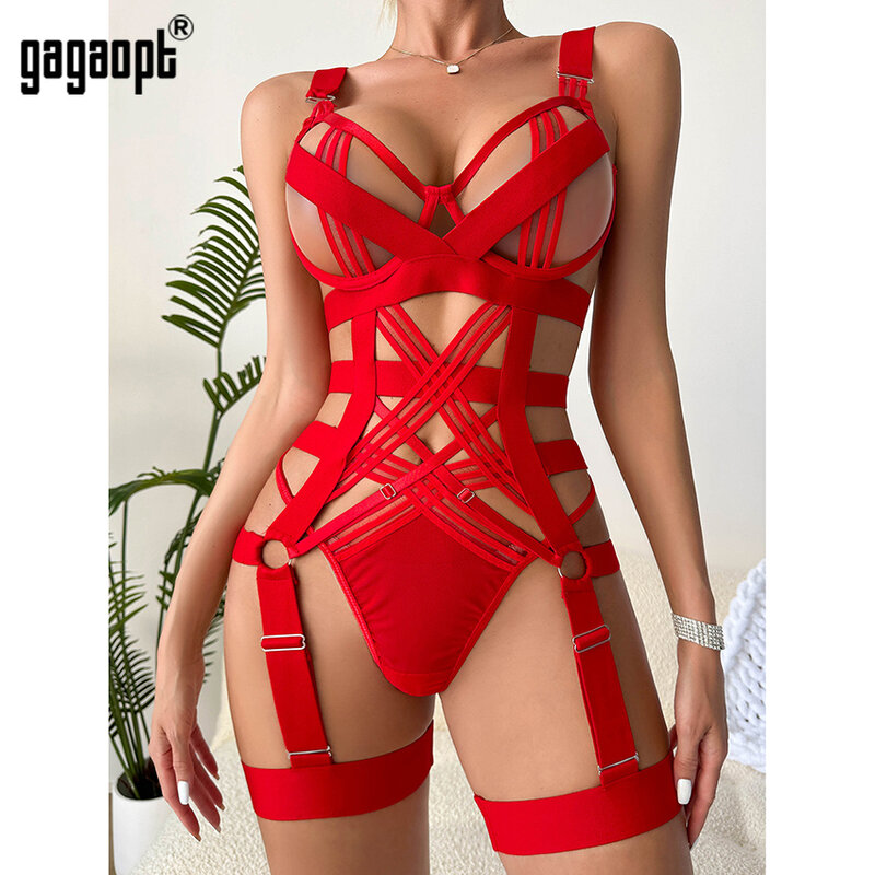 Gagaopt-Bodysuit De Renda De Bandagem Transparente, Sutiã Push Up, Pinças Sissy, Tops Sexy, Veja Através Do Corpo Tops, 1 Pc