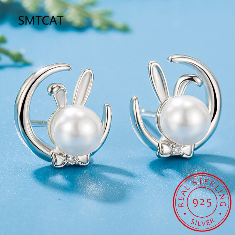 Ragazze 925 Sterling Silver Cute Rabbit Moon Pearl Stud orecchini regalo di compleanno per mamma figlia bambini gioielli in argento DS4014