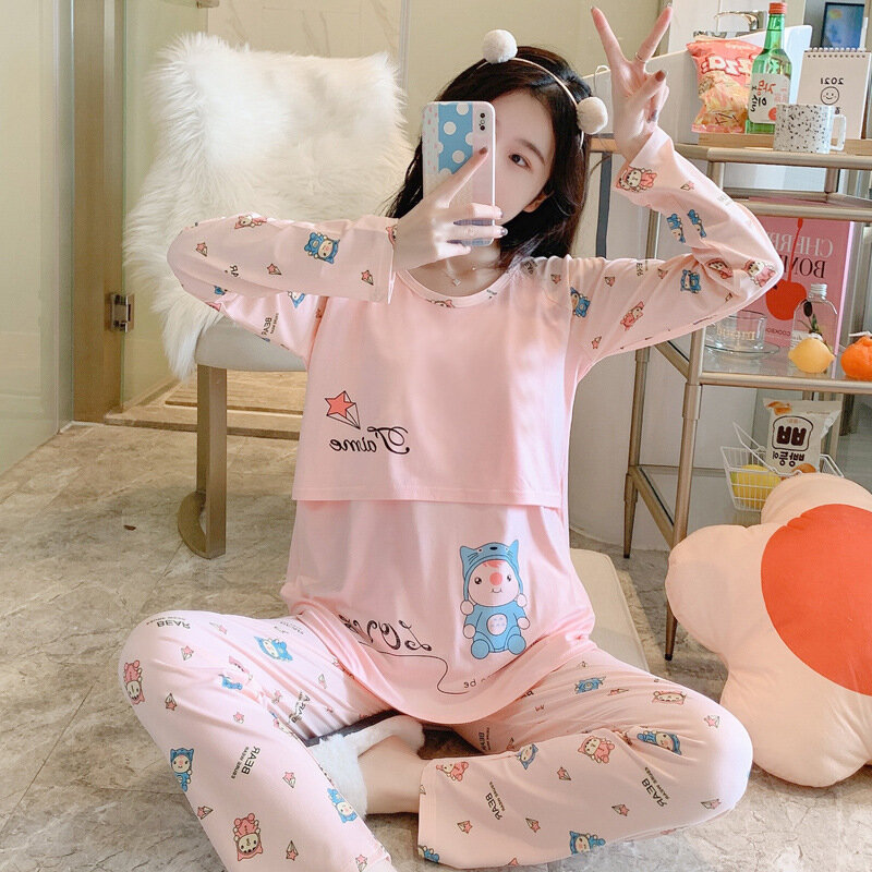 Maternity Pyjamas Sets Spring Breastfeeding Pregnacy Women Clothing Sleepwear Long Pregnant Cartoon Nursing Homewear Pijama Suit