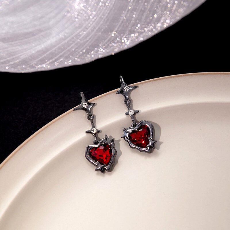 Y2K Goth Liquid Heart Cross Star Pendant Earrings Women Red Zircon Love Dangle Earring Gothic Irregular Tassel Earrings