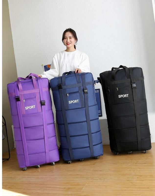 Tas bagasi dengan roda dapat diperbesar lipat Oxford troli tas uniseks pembawa tas akhir pekan perjalanan pesawat bagasi tas penyimpanan