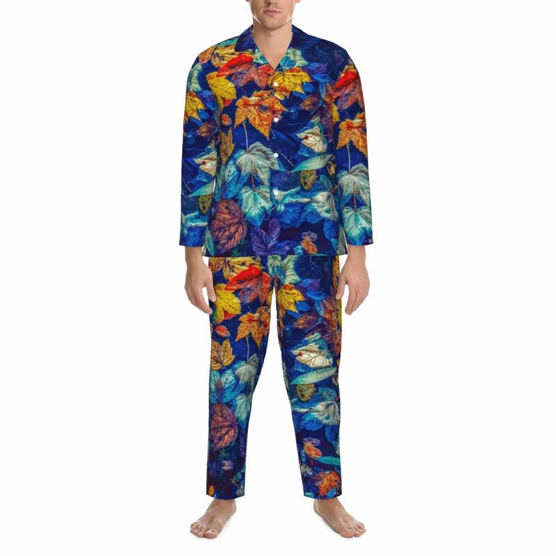 Pijamas de flores con estampado colorido para hombre, ropa de dormir cómoda, informal, de gran tamaño, Otoño, 2 piezas