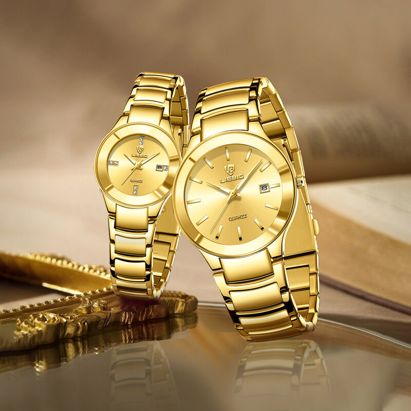 Liebbesar jam tangan kuarsa emas wanita, jam tangan olahraga tali baja penuh mewah kasual tahan air untuk pria dan wanita