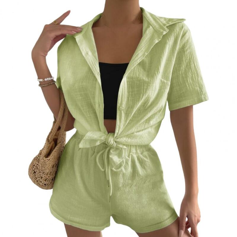 여성용 얇은 복장 캐주얼 셔츠 반바지 세트, 신축성 있는 드로스트링, 허리 라펠 칼라, 와이드 레그 디자인, 여름용 2 피스