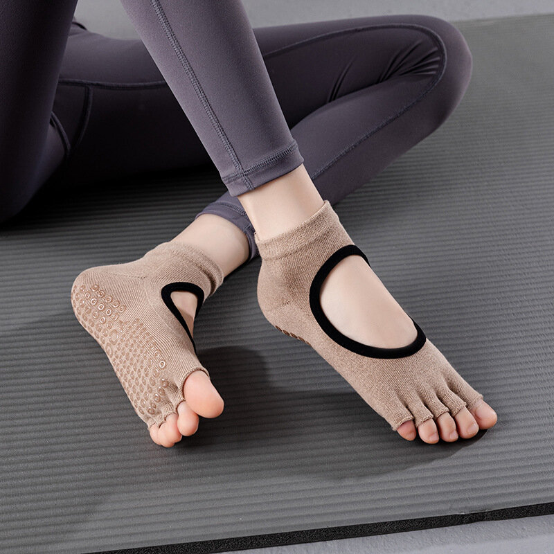 Calcetines antideslizantes transpirables sin espalda para mujer, medias de Yoga, gimnasio, Fitness, Pilates, cinco dedos, baile profesional, W18