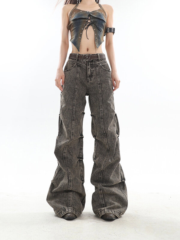 Pantalones vaqueros con diseño plisado Vintage para mujer, pantalón largo de pierna ancha, estilo americano, de calle alta, novedad de 2024