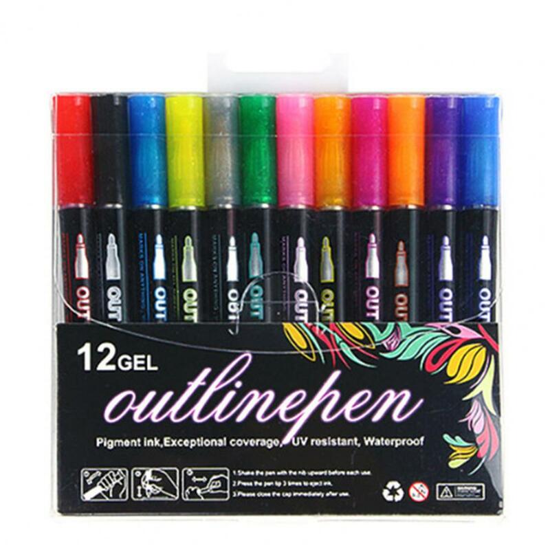 Linha dupla Esboço Pen Set, cor metálica Highlighter, MagicMarker, canetas Glitter, DIY Art, cartão, 12pcs