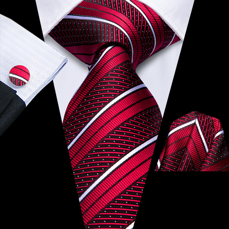 Hi-Tie นักออกแบบลายทางสีแดงสีขาวเน็คไทที่สง่างามสำหรับผู้ชายแฟชั่นแบรนด์งานแต่งงานเนคไท handky cufflink ขายส่งธุรกิจ