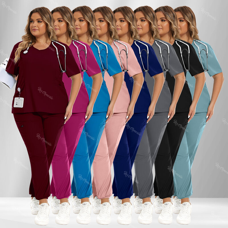 เครื่องแบบพยาบาลชุดเสื้อ + celana joger คอวีสำหรับผู้หญิงชุด seragam suster ทางการแพทย์สำหรับโรงพยาบาล