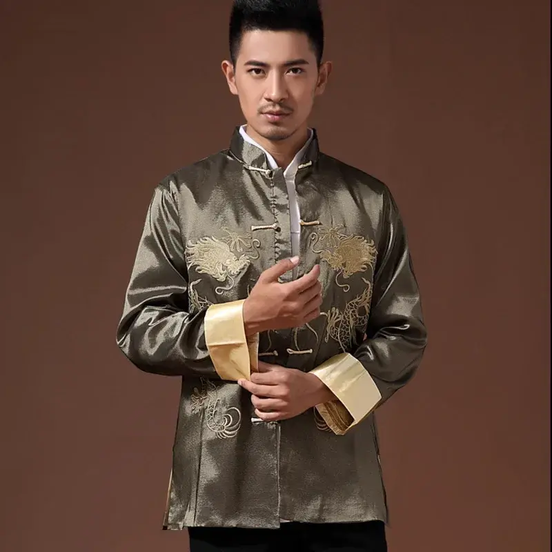 Pakaian bercetak phoenix tradisional Cina setelan baju Tang naga jaket pernikahan Festival lengan panjang bordir pria