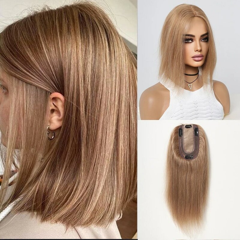 Atasan rambut manusia Remy 100% lurus rambut manusia pirang coklat potongan rambut manusia untuk wanita Afro dengan rambut tipis sutra dasar klip dalam Topper