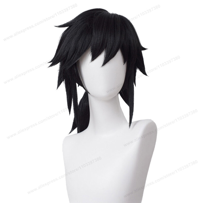 Парик для косплея Tomioka Giyuu длиной 40 см, термостойкие синтетические волосы для аниме, с черными волосами